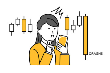 スマホを見て株価が暴落している状況に驚く若い女性