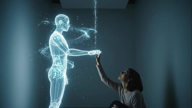 Woman reaches toward holographic man in dimly lit room starting apart then connecting hands with glowing light. Digital avatar interaction and virtual reality concept in animation sequence video