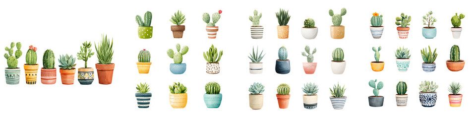 Fototapeta premium Diverse Collection of Watercolor Cacti and Succulents in Pots