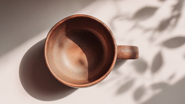 Rustic handmade ceramic mug casting elegant leaf shadows, perfect for cozy morning rituals and artisanal cafe branding
