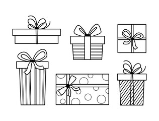 A set of outline style gift boxes with ribbons and bows in various shapes and patterns. Perfect for coloring books, Christmas cards, packaging designs, stickers, and holiday templates.