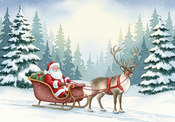 Festive watercolor illustration of Santa Claus and his reindeer in a snowy winter landscape.  © Beny Qurdy