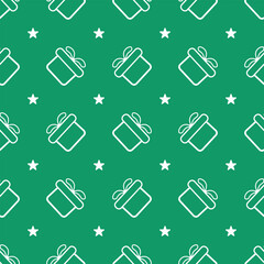 Christmas holiday theme gift box and star vector seamless green background.