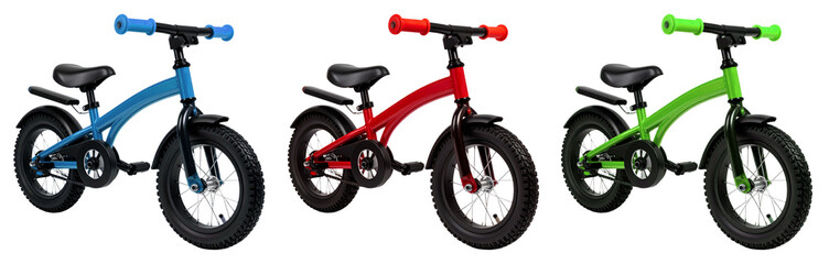 Fototapeta premium group of bicycle for kids in three colors isolated on white background