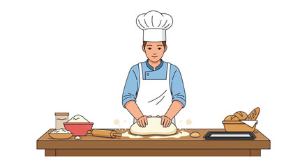 Skilled baker expertly kneading dough on a wooden counter, surrounded by ingredients and fresh bread.