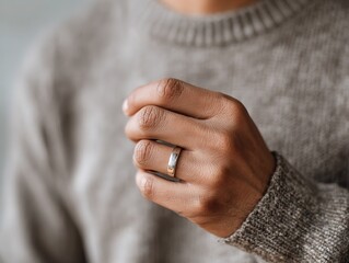 Asian Man's Hand Close-Up Wearing Diamond Wedding Ring, Gray Sweater, Happy Commitment.