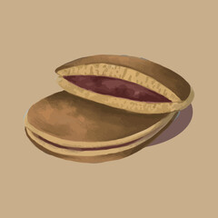 Hand-painted illustration of Dorayaki, a traditional Japanese pancake filled with red bean paste. Soft watercolor texture, perfect for dessert menus, Asian food blogs, packaging, and design projects.