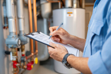 Technician inspecting heating system with clipboard
