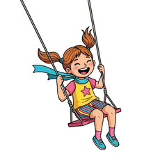 Vector artwork of a smiling child enjoying a swing ride at the park.