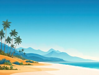 Obraz premium Flat Vector Beach Illustration With Palm Trees, Mountains, And Blue Sky, Bright Color Blocks