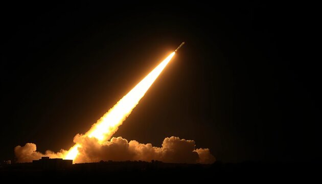Dramatic nighttime launch of a ballistic missile, fiery trail against dark sky,  smoke,  plume