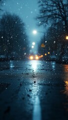 Fototapeta premium Serene Evening Snowfall on City Street, Reflecting Dim Road Lights in a Moody Winter Night Scene
