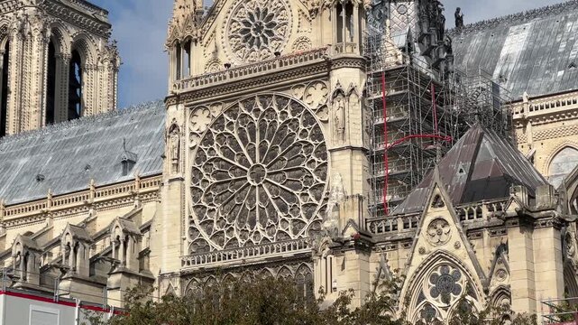 Notre Dame South Rose Window and scaffolding during restoration process.