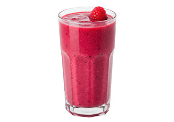 Isolated glass of delicious raspberry smoothie with fruit topping for a healthy breakfast