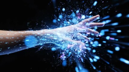 Animated hand extending with blue glowing energy particles. Arm emitting digital bursts in sci-fi effect sequence. Magical technology visualization animation for futuristic concepts. video footage - Powered by Adobe