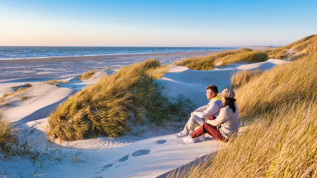 A couple sits together on the soft dunes, surrounded by tall grass, gazing at the calm waves of the North Sea during golden hour in Blokhus Strand, Denmark - Powered by Adobe