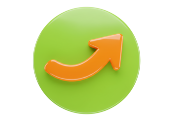 Isolated 3D round green button with orange arrow pointing up and to the right direction