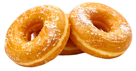 pile of donuts with white sugar isolated on white background