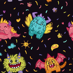 Seamless pattern with crayon children drawing. Vector cartoon doodle illustration with cute kind monsters for halloween or notebook cover
