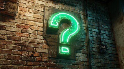 Glowing green neon question mark on rustic brick wall symbolizing curiosity and inquiry
