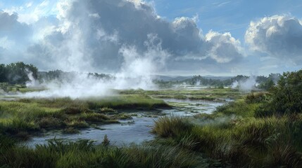 Misty morning wetlands with serene water reflections and lush green reeds under a dramatic cloudy sky