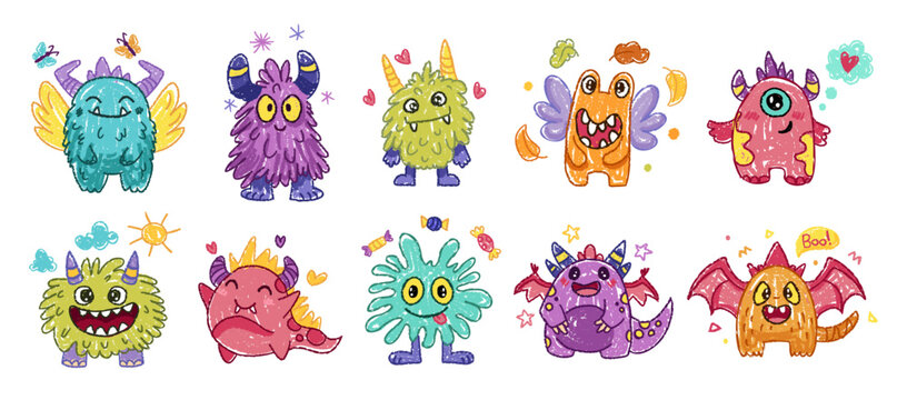 Cute crayon monster set, doodle spooky kids creature, colorful hand drawn pencil vector illustration. Monster drawing for kids or children notes or cover design