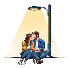 Vector art of a loving couple sitting beneath a glowing streetlight, smiling at each other.