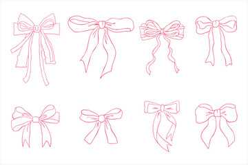 Cute coquette aesthetic pink ribbon bow collection. Isolated girly vintage elements. Linear doodle illustration