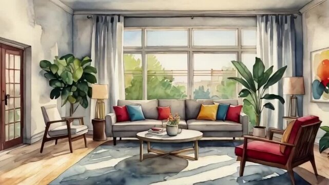 Modern luxury living room interior design with a window view, sleek furniture, and a wooden floor
in watercolor styler 