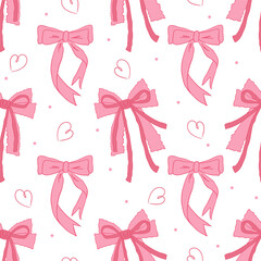Coquette chic, charming Victorian ribbon bows with hearts on a pink background