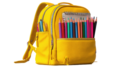 A colorful school backpack with school supplies like pencil case and book isolated on a white background for back to school education