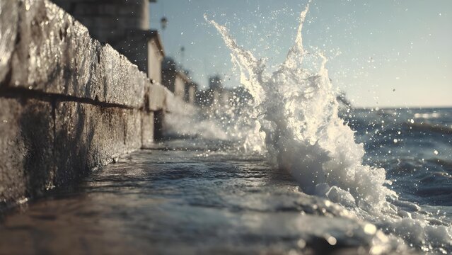 Waves crash against a stone seawall, spraying water onto the wet promenade along the coast. Concept Coastal drama, Seawall spray, Wet promenade, Dramatic ocean waves, Windy seaside photography