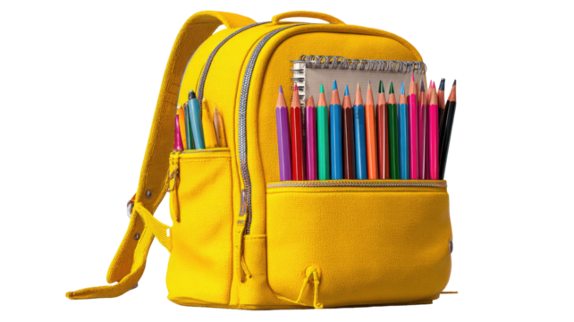 A colorful school backpack with school supplies like pencil case and book isolated on a white background for back to school education