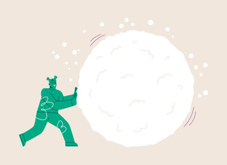 Woman rolling large snowball build. Colorful vector illustration