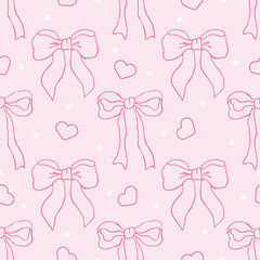 Coquette aesthetic seamless pattern with ribbon bows on a pink background with hearts and dots