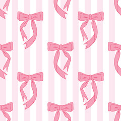 A pattern of charming ribbons and bows in a Coquette style on a white and pink striped background.