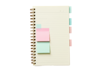 Isolated notebook with lined pages and colorful sticky notes for planner and journal use