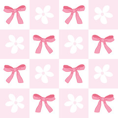 Pink ribbon bows hand-drawn on a checkered background. Seamless pattern with bows and flowers