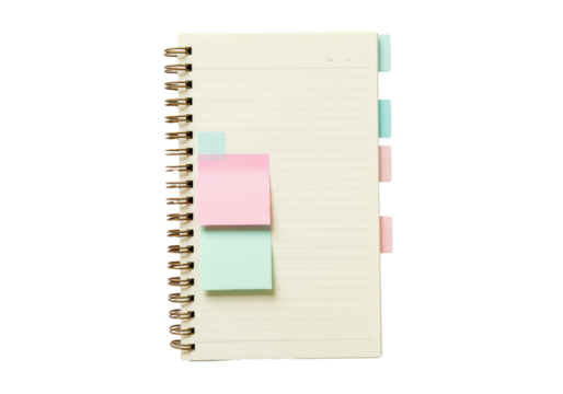 Isolated notebook with lined pages and colorful sticky notes for planner and journal use