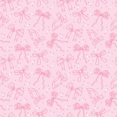 Cute bows on a seamless pattern of long ribbons. Romantic coquette on a pink background, charming design