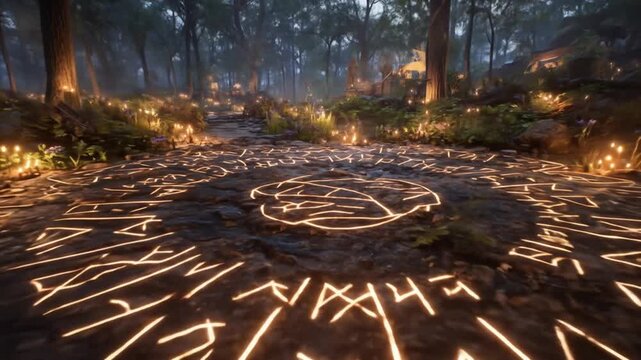 Mystical forest ritual ground illuminated by candlelight at night