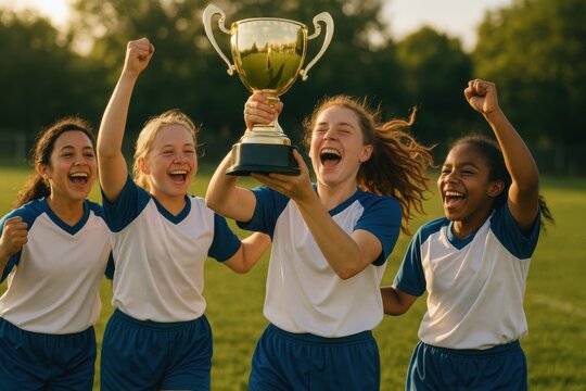 Happy football team of schoolgirls holding trophy celebrating championship win. Concept of teamwork, pride, and success for education branding, youth empowerment, and sports marketing design. - Powered by Adobe