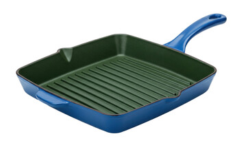 Isolated blue enamel grill pan, cast iron, ribbed cooking surface, stovetop, kitchen tool
