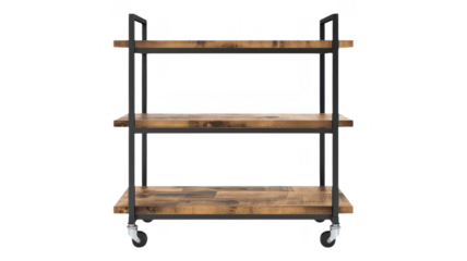 A wheeled wooden shelf unit on transparent background