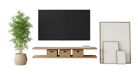 Modern entertainment center with a large tv, floating shelf, baskets, and plant isolated on transparent background