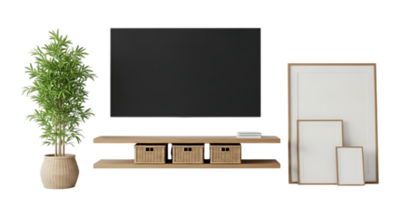 Modern entertainment center with a large tv, floating shelf, baskets, and plant isolated on transparent background