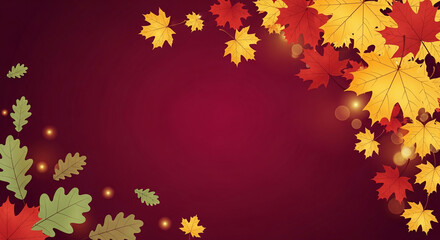 Obraz premium Maroon background with falling maple and oak leaves in red, yellow, and green, showcasing the autumn season, transition, and foliage color change