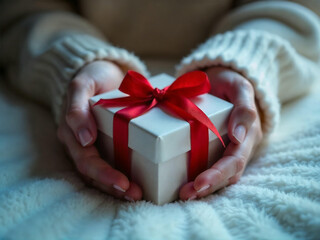 Woman holding a white gift box with a red ribbon, close-up shot