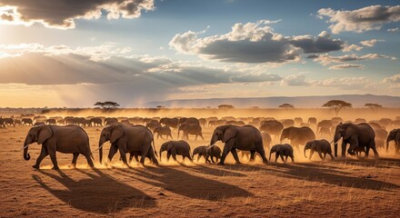 Fototapeta premium African elephants herd walking across the savanna at sunset, dramatic light