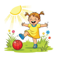 Bright vector artwork of a joyful kid tossing a ball in a sunny green park.